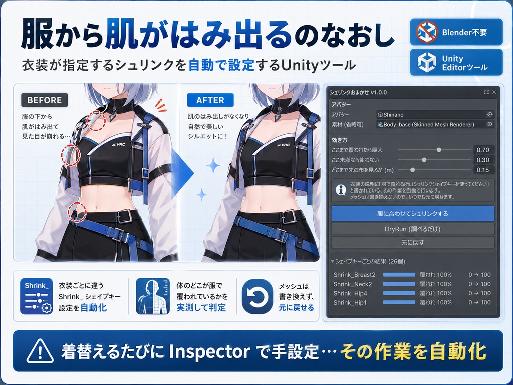服から肌がはみ出るのなおし - 衣装が指定するシュリンクを自動で設定するUnityツール【VRChat】