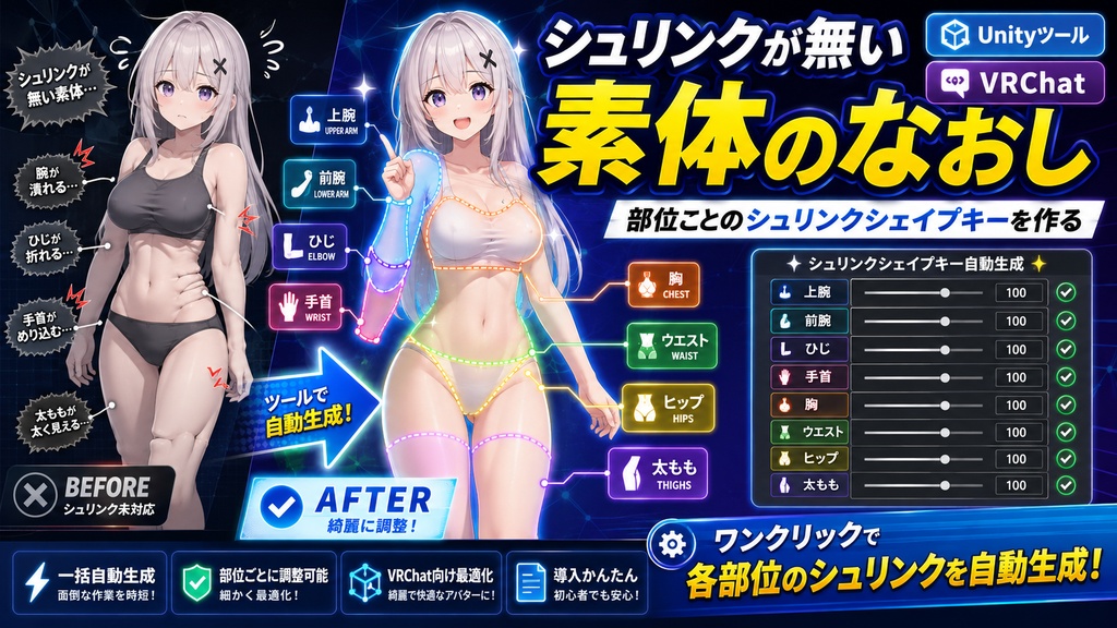 シュリンクが無い素体のなおし - 部位ごとのシュリンクシェイプキーを作るUnityツール【VRChat】