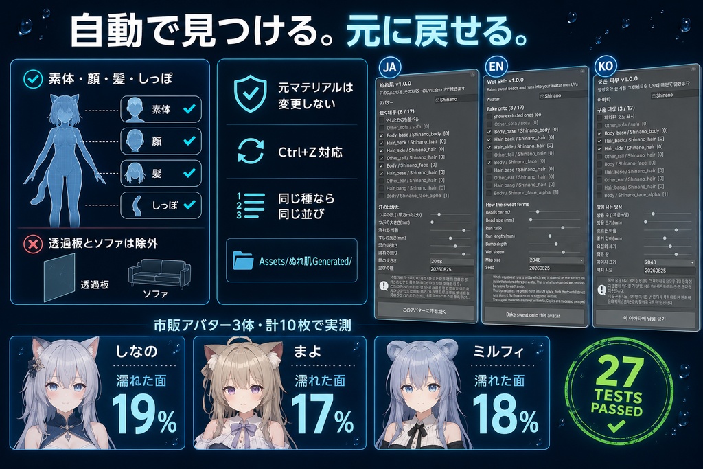 ぬれ肌 - 汗のつぶとすじをアバターのUVに合わせて焼くUnityツール【VRChat】【JA,EN,KO】