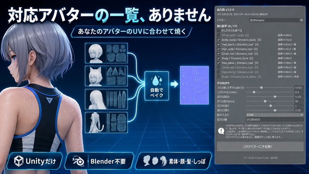 ぬれ肌 - 汗のつぶとすじをアバターのUVに合わせて焼くUnityツール【VRChat】【JA,EN,KO】