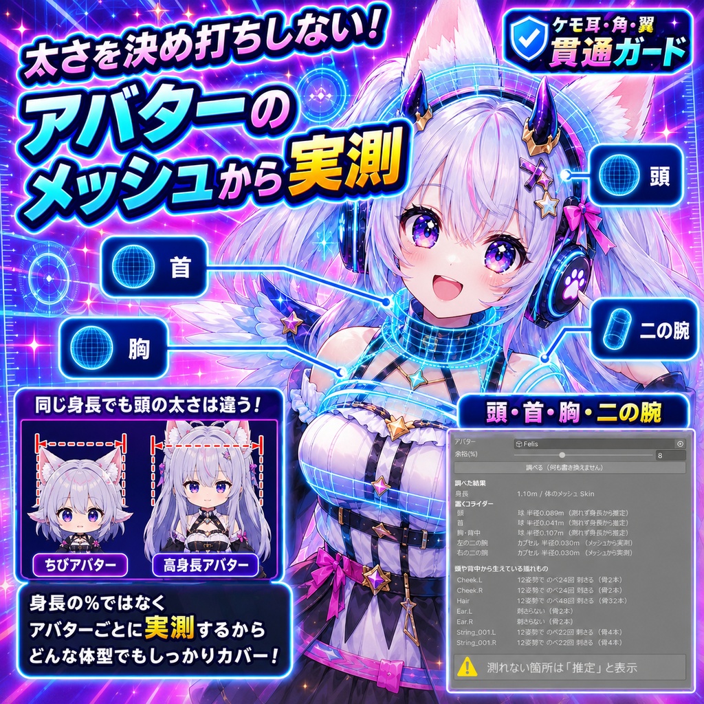 ケモ耳・角・翼 貫通ガード - ケモ耳・獣耳・角・翼・ヘッドホン・髪飾りが頭/首/胸/腕に刺さるのを、太さを実測して止める