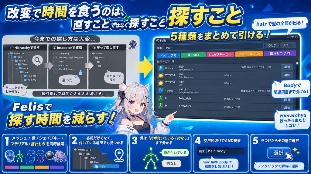 アバターの中身さがし - メッシュ・骨・シェイプキー・マテリアル・揺れものを1つの窓でまとめて探す