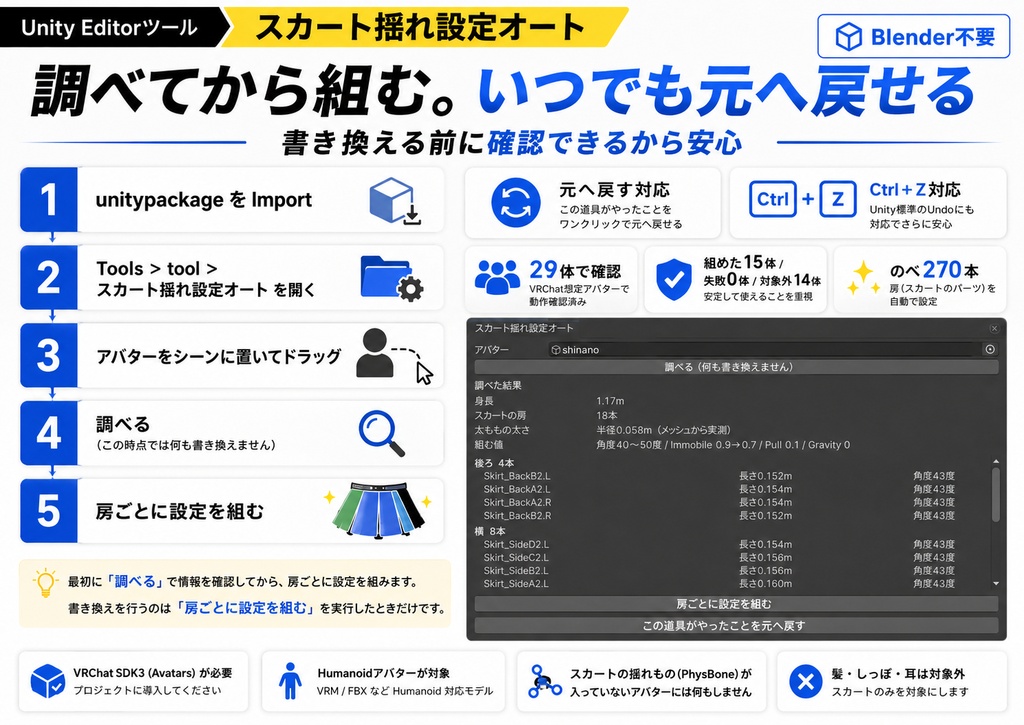 スカート揺れ設定オート - 脚にコライダーを入れても直らない突き抜けを、房ごとに組んで止める【VRChat】【JA,EN,KO】