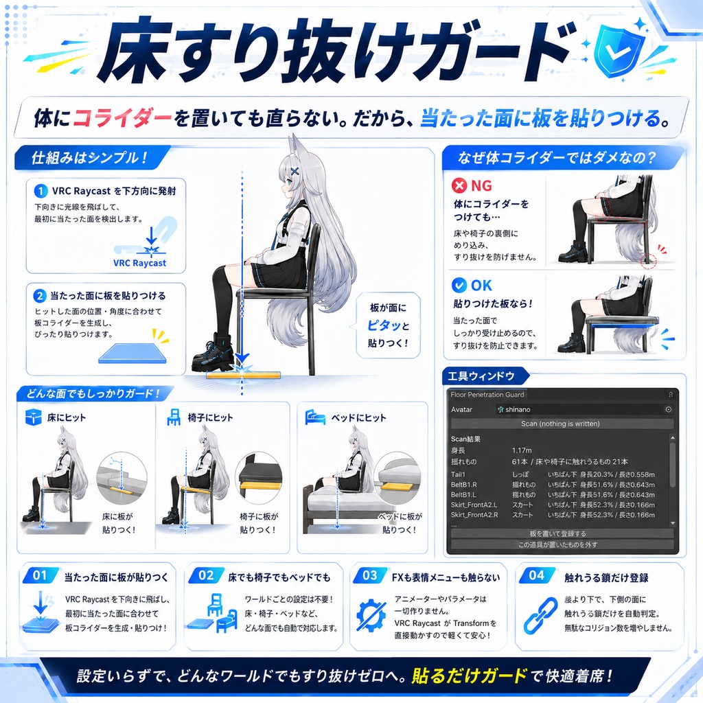 床すり抜けガード - 座ると髪もスカートもしっぽも椅子をすり抜ける、を止める【VRChat】【JA,EN,KO】