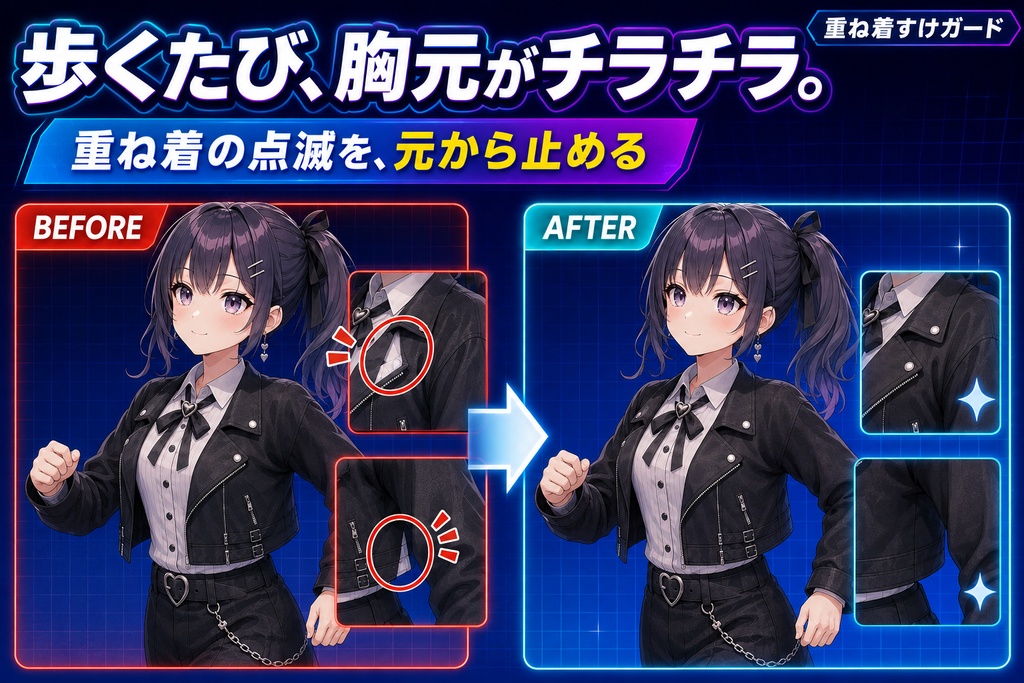 重ね着すけガード - 上着から下の服がチラチラ出るのを見えない面を消して止めるUnityツール【VRChat】【JA,EN,KO】