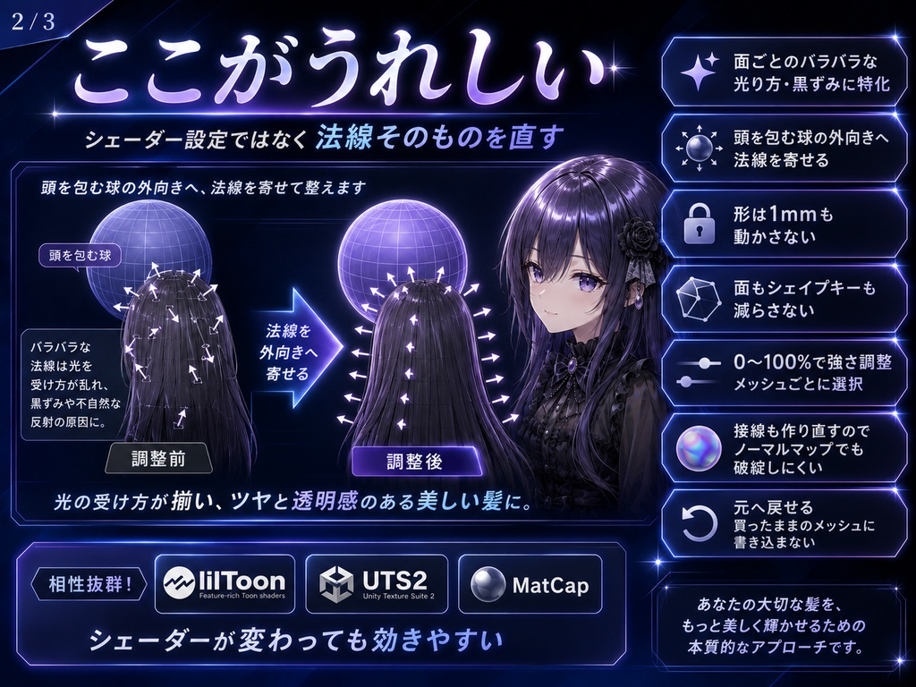 髪ツヤなおし - 髪が房ごとにバラバラに光る・まだらに黒くなるのを法線をそろえて直すUnityツール【VRChat】【JA,EN,KO】