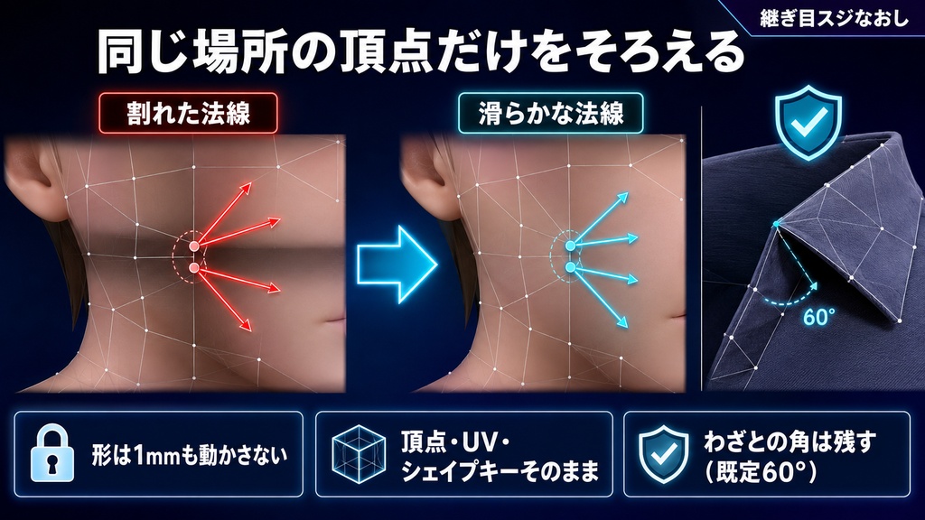 継ぎ目スジなおし - 首や手首に出るまっすぐな黒いスジを法線の割れから直すUnityツール【VRChat】【JA,EN,KO】