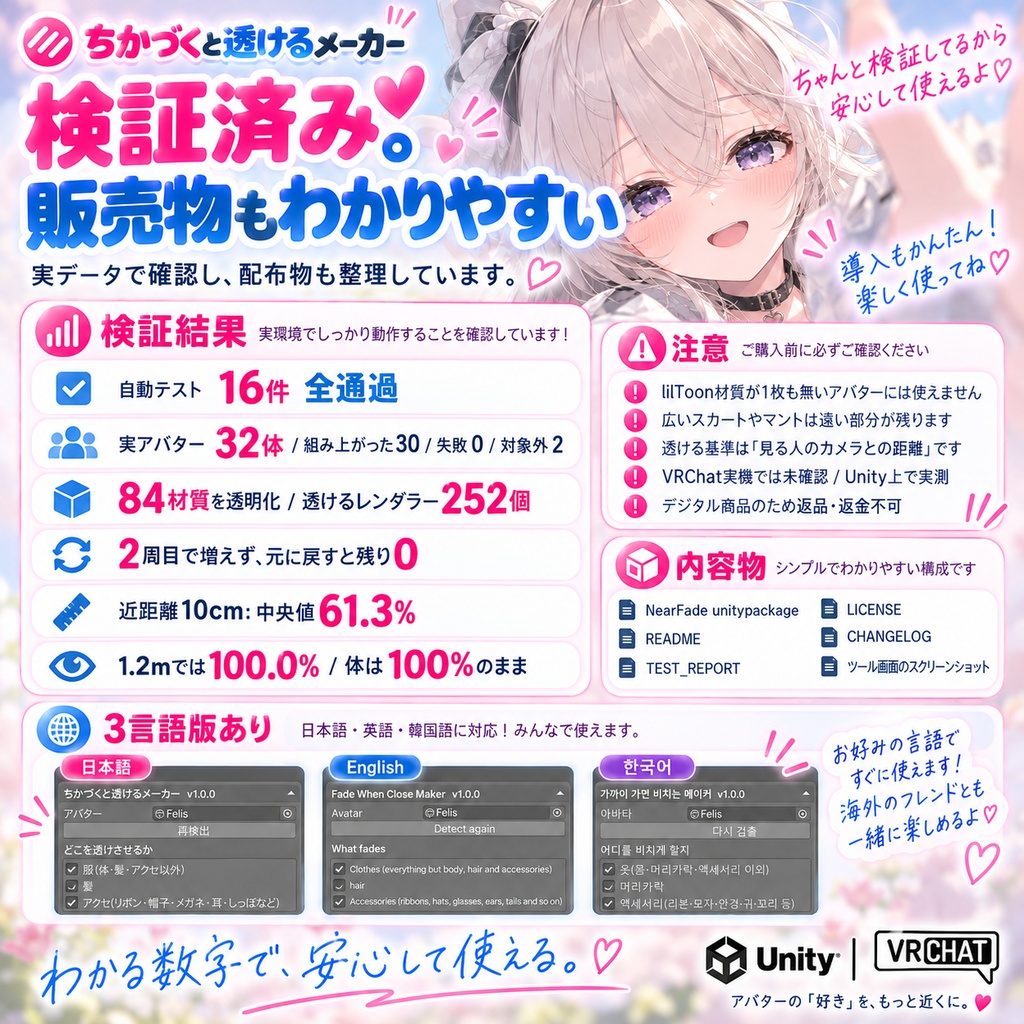 ちかづくと透けるメーカー - 撫でるとき袖が顔にかかる、抱きつくと上着が視界を塞ぐ。相手の目に近づいた部分だけ透ける。lilToonの距離フェードだけで作る【JA,EN,KO】