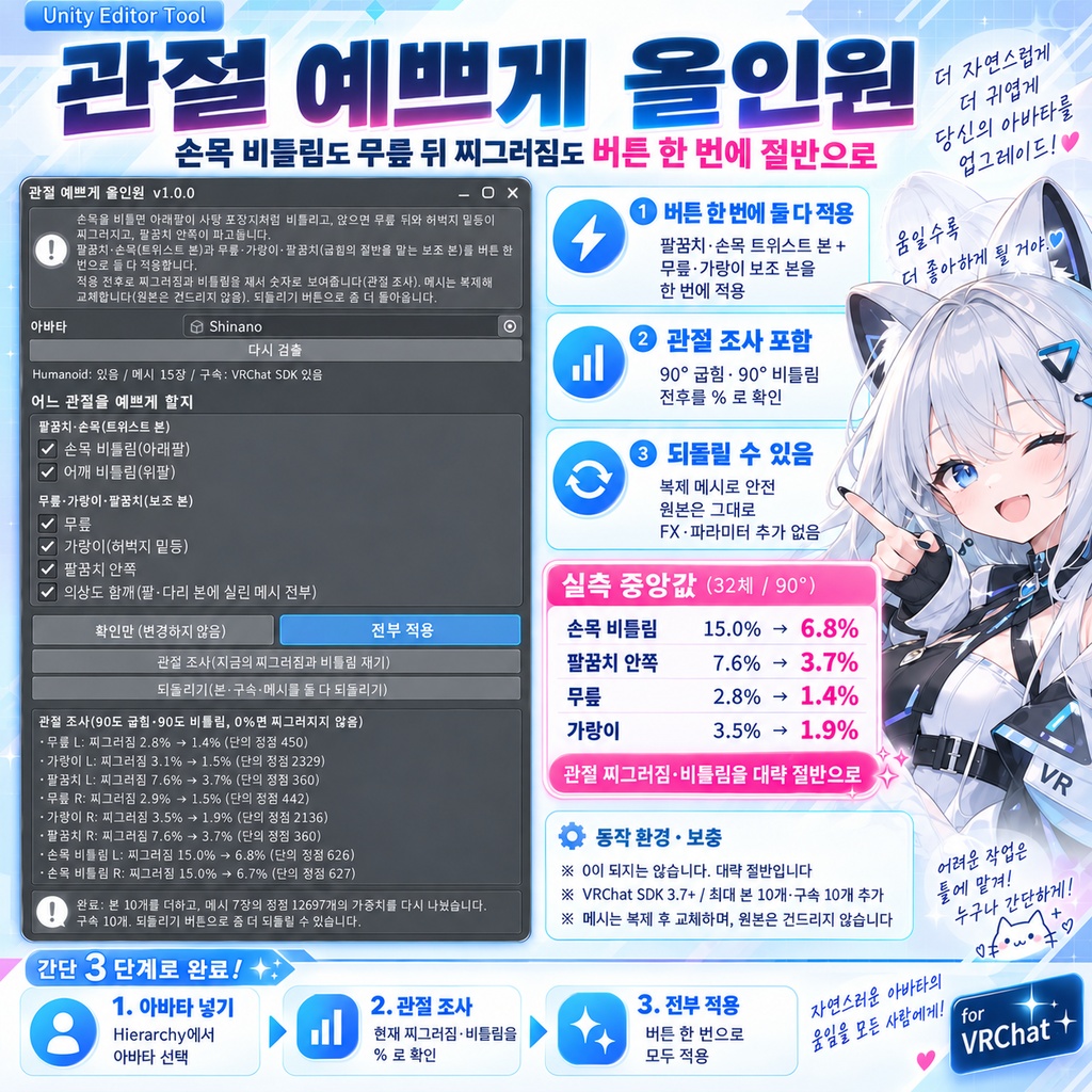 関節きれいぜんぶ入り - 手首のねじれもひざの裏の潰れも、1回のボタンで半分に。かける前後を数字で見せる関節しらべ付き【JA,EN,KO】
