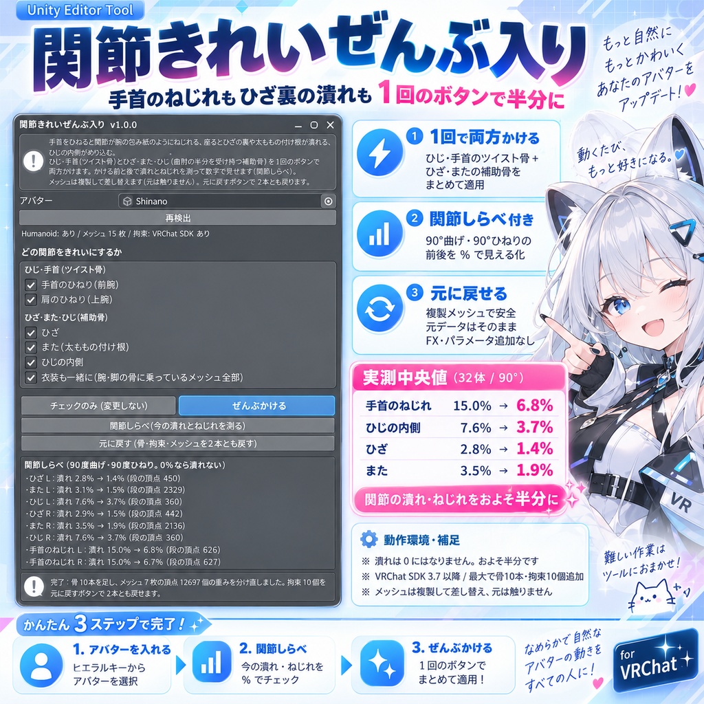 関節きれいぜんぶ入り - 手首のねじれもひざの裏の潰れも、1回のボタンで半分に。かける前後を数字で見せる関節しらべ付き【JA,EN,KO】