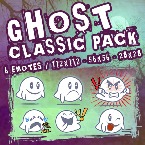 [6 Twitch/Discord Emotes] Cute Ghost Bouh Classic Pack - Spooky Ghost Expressions (PNG Transparent)