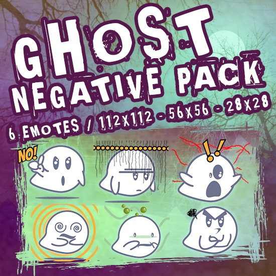 [6 Twitch/Discord Emotes] Cute Ghost Bouh Negative Pack - Spooky Ghost Expressions (PNG Transparent)