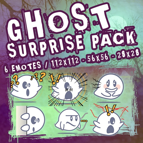 [6 Twitch/Discord Emotes] Cute Ghost Bouh Surprise Pack - Spooky Ghost Expressions (PNG Transparent)