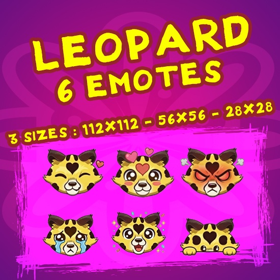 [6 Twitch/Discord Emotes] Cute Leopard Pack - Kawaii Chibi Wild Cat Expressions (PNG Transparent)