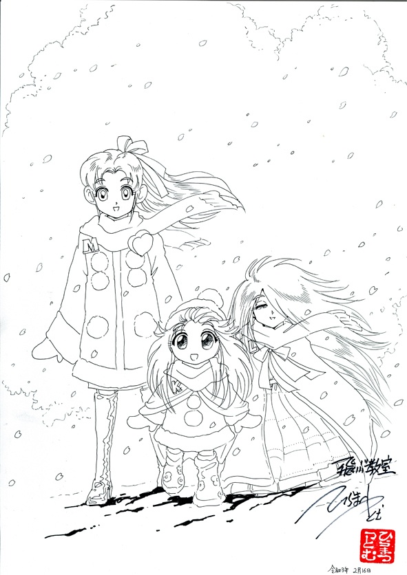 ペン画　「満開の桜の下で。左からみつ子、カオル、レナ」　H041