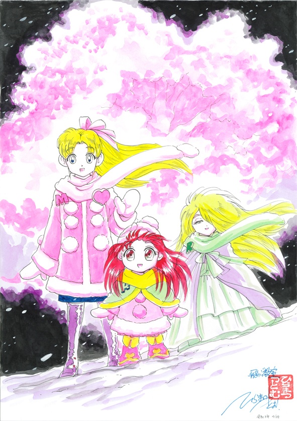 水彩画　「満開の桜の下で。左からみつ子、カオル、レナ」　H042