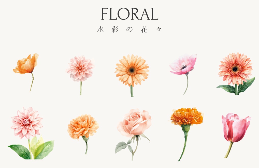 Floral 水彩の花々 – PNGクリップアート素材 30種類セット