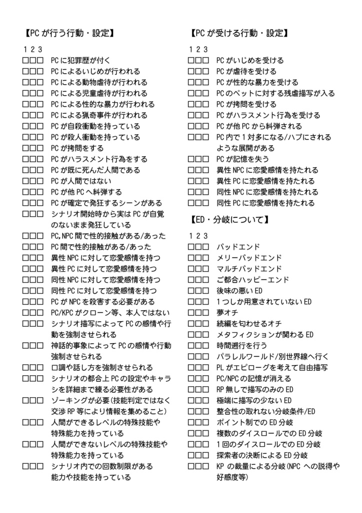 激長TRPG地雷チェックシート(CoC用)