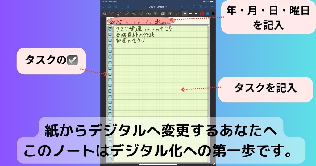 【GoodNotes用】A4縦・1日のタスク管理テンプレート