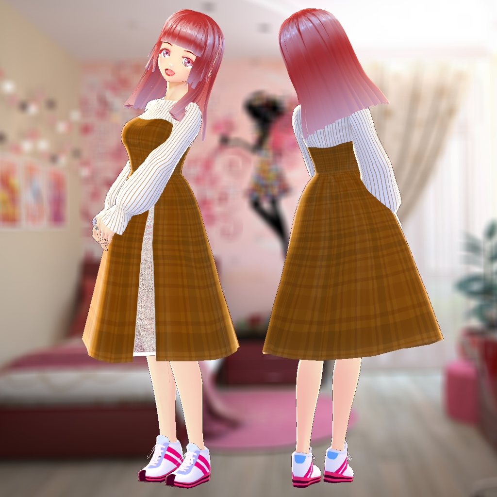 【VRoid/無料】チェック柄プルオーバーワンピース