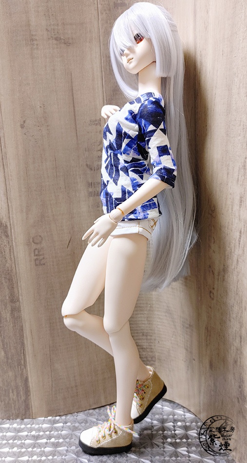 Smart Doll 七分袖ニットチュニック 青×白幾何学模様柄