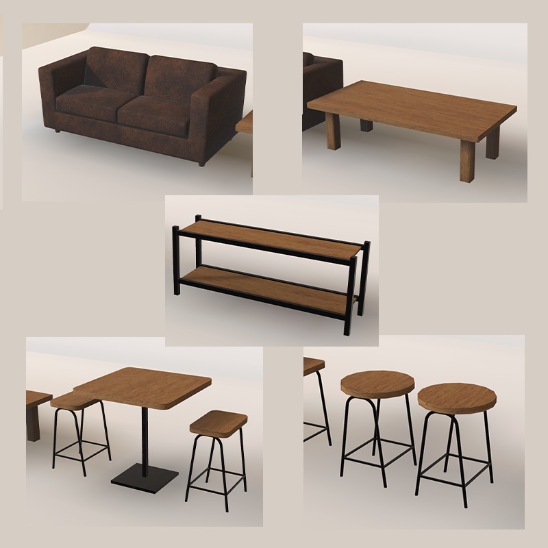 <Cafe&Bar Series>ソファー・テーブル・椅子・飾り棚セット 8点 2色展開