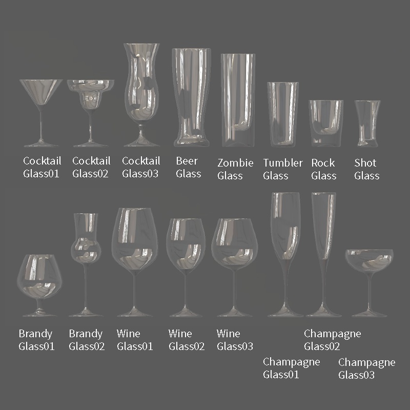 グラス16種(カクテル・ビール・ブランデー・ワイン・シャンパン・他)