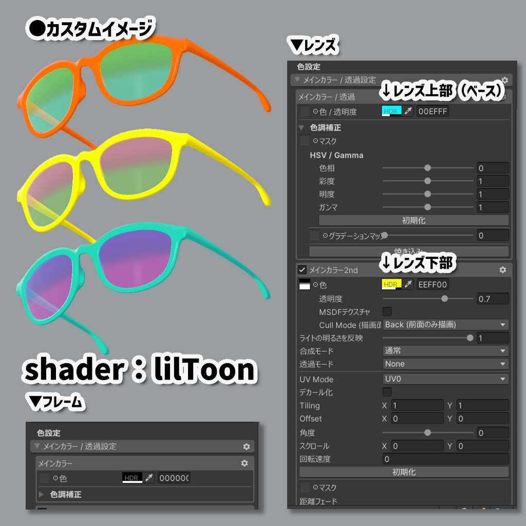 【2色レンズ/カラー自由】傾く しんぷるめがね<太縁サングラス>シェイプキー付き