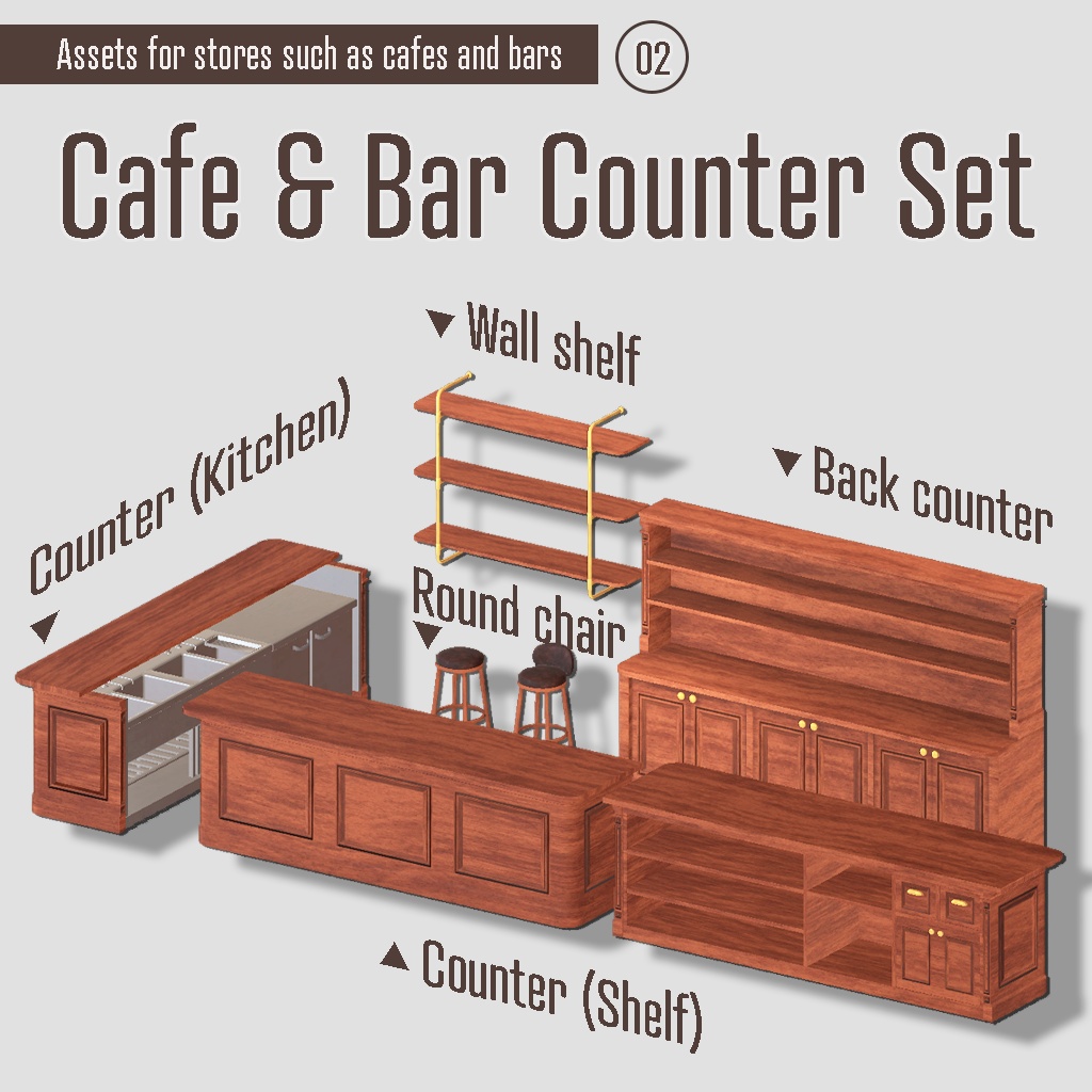 <Cafe&Bar Series 02>カフェ&バーカウンターセット5点+キッチンカウンター1点(UV2あり)