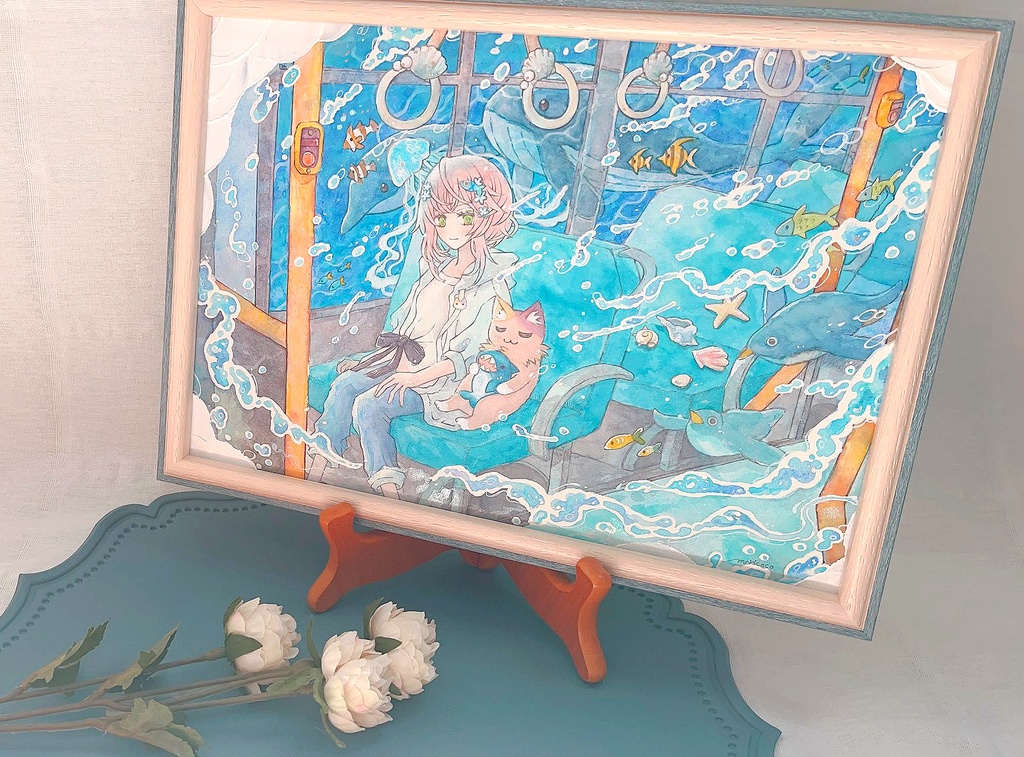 水族館楽しかったね【アナログ原画・額付き】