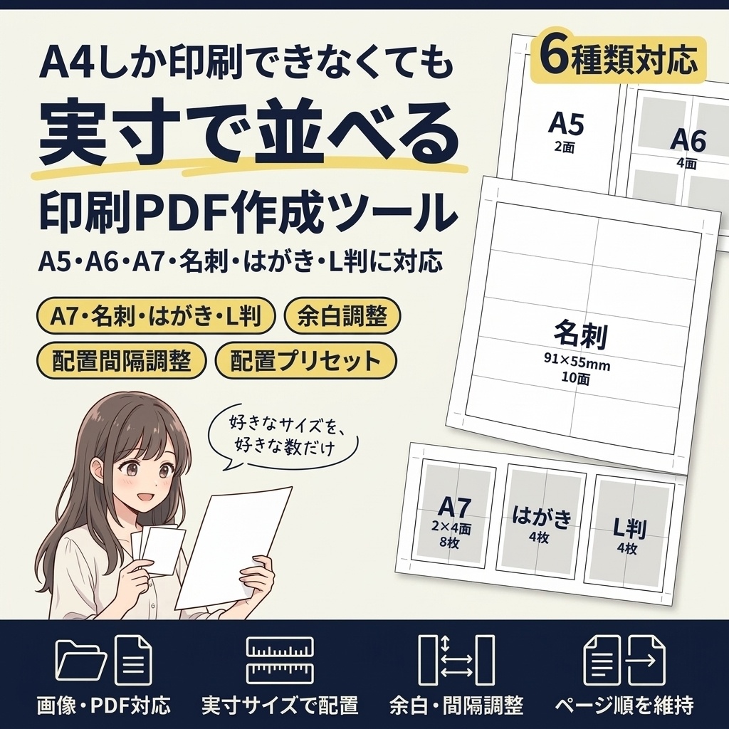 A4用紙に実寸で並べる印刷PDF作成ツール【拡張版 名刺・はがき・L判】