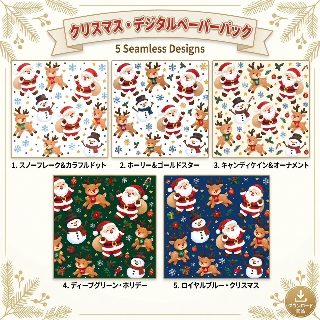 サンタ、トナカイ、雪だるま柄デジタルペーパー　5枚セット