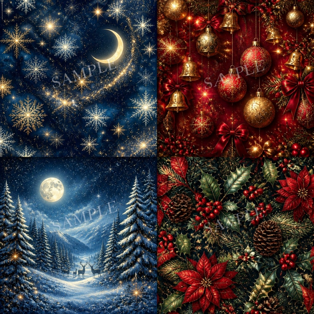 幻想的なクリスマス柄デジタルペーパー6枚入り
