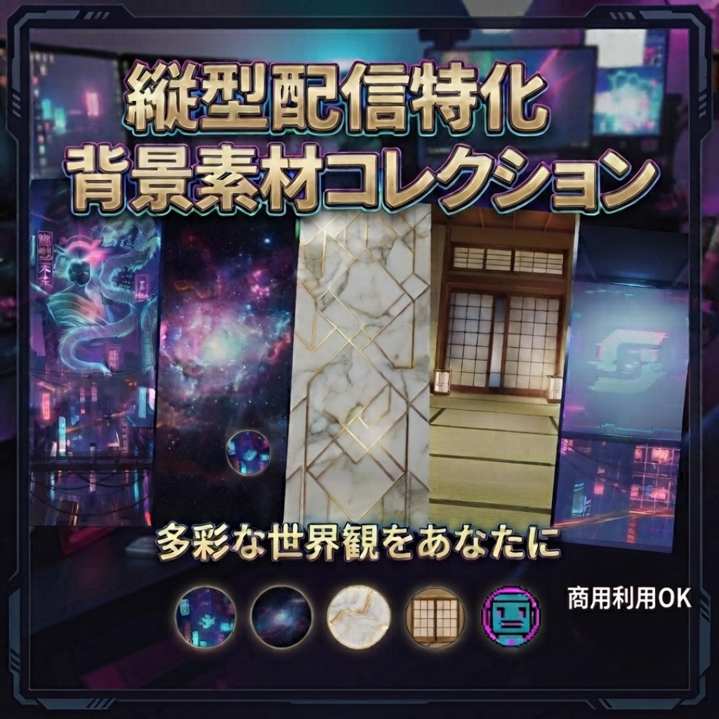 【縦型配信向け】高画質ライブ配信背景素材パック（全5種 / サイバー・宇宙・ラグジュアリー・和風・Y2K） YouTube Shorts・TikTok・配信アプリ対応