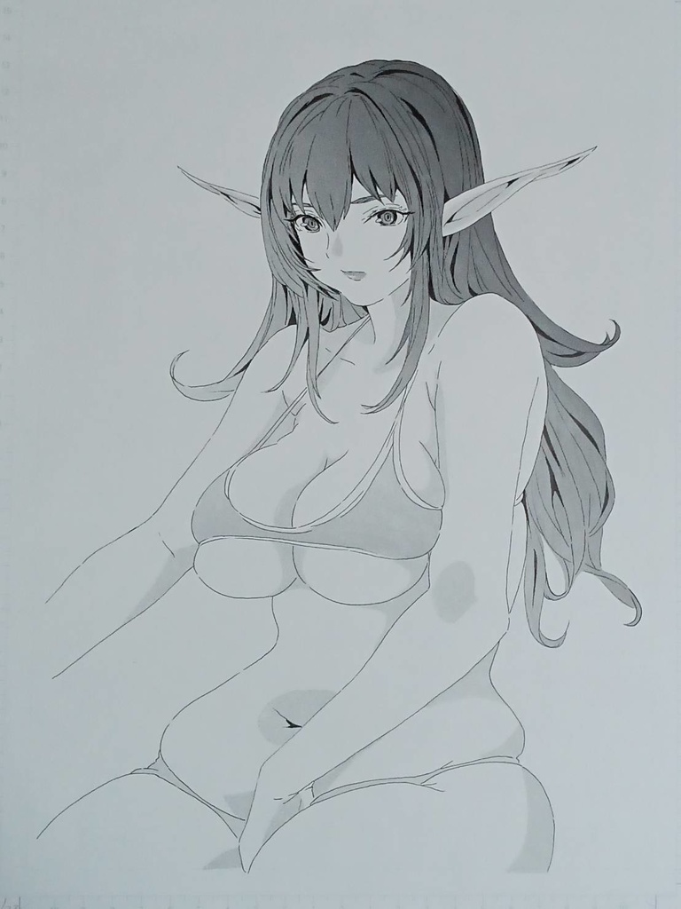 直筆B4モノクロトーンイラスト「ダイエットを心に強く誓うエルフ」 漫画原稿用紙