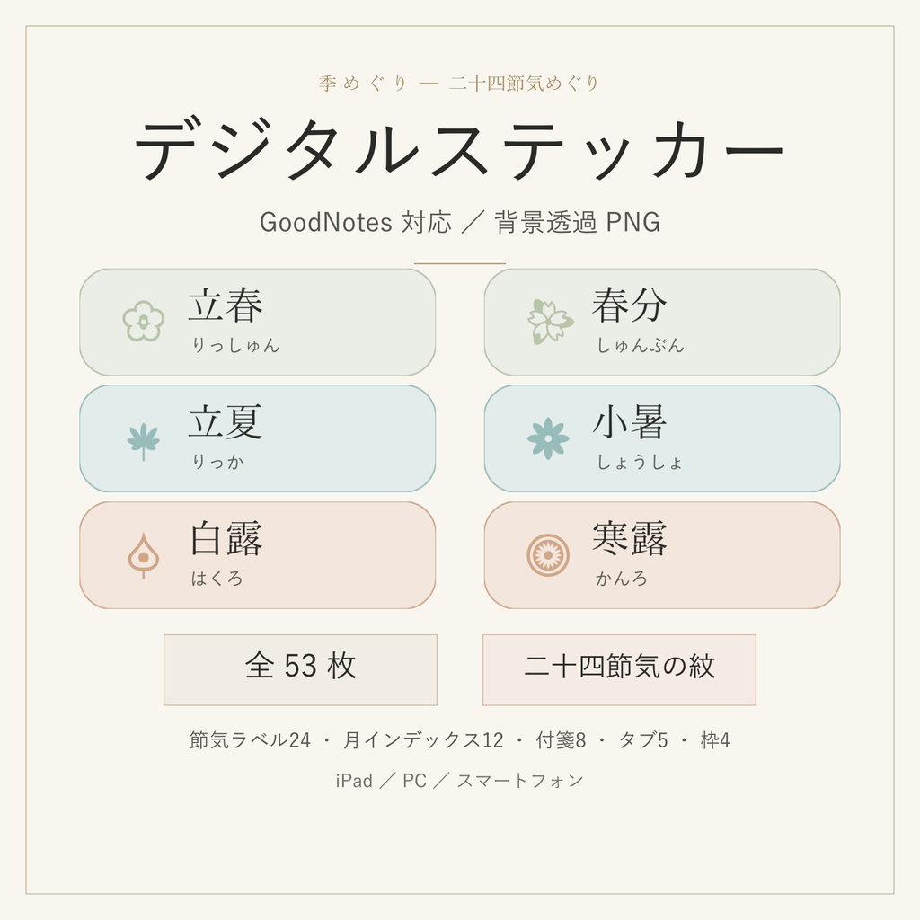 デジタルステッカー GoodNotes対応|二十四節気の紋と月インデックス 全53枚 背景透過PNG 和風ミニマル「二十四節気めぐり」