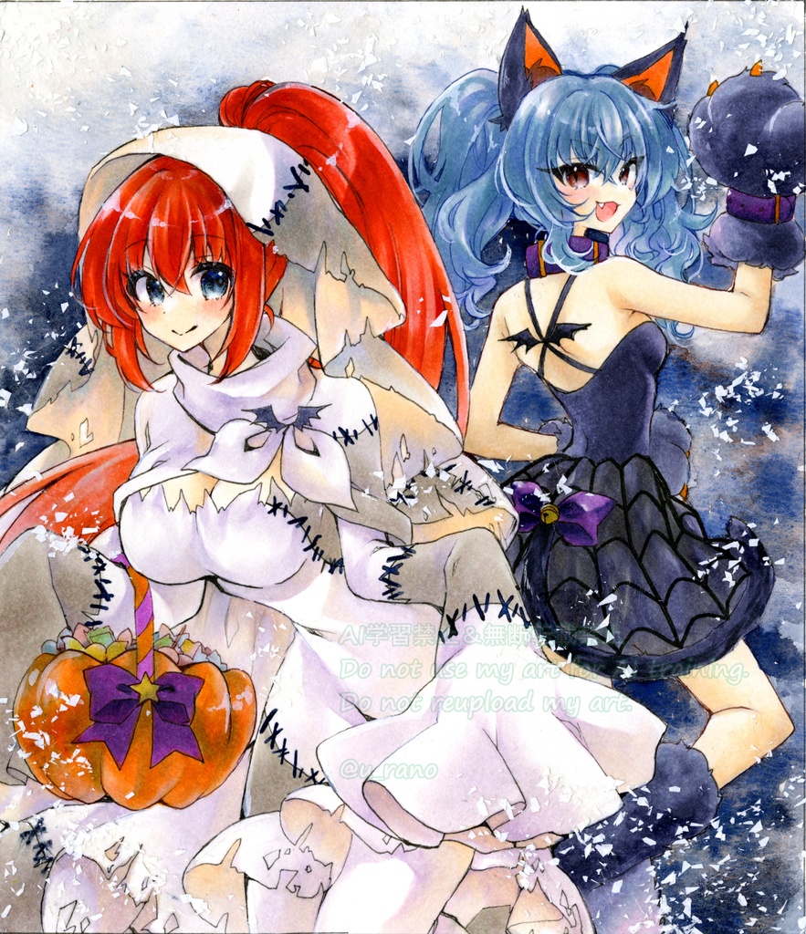 手描きイラスト＊原画＊オリジナル＊シーツお化けと黒猫