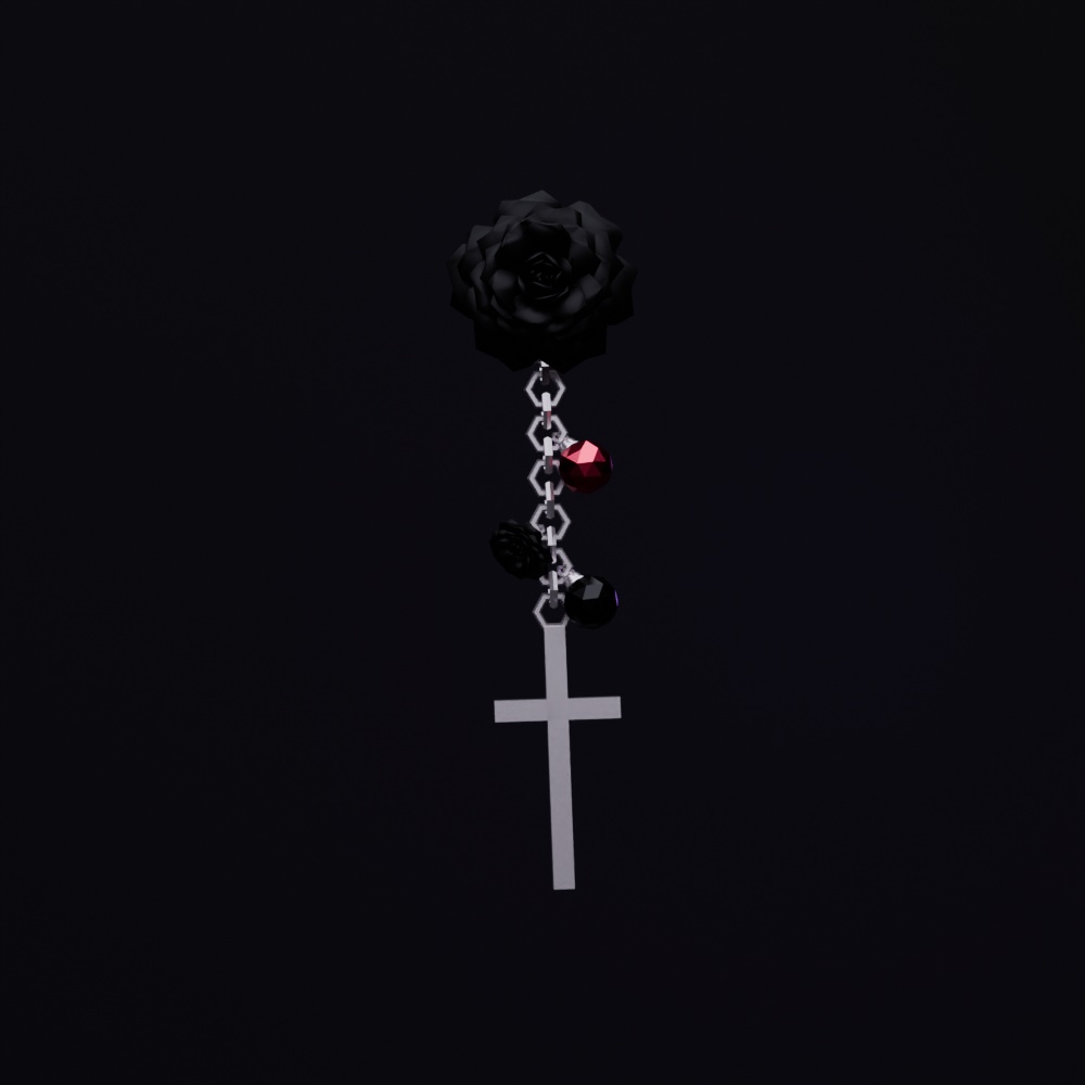 【VRChat想定】黒薔薇と十字架のピアス-Black rose cross earring-