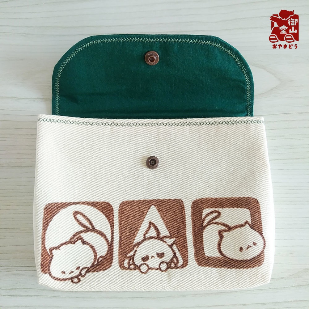 【マステ付き】猫ポーチ わさからもみじの手描きおしりポーチ わさび色(緑) フタ付きマチありタイプ
