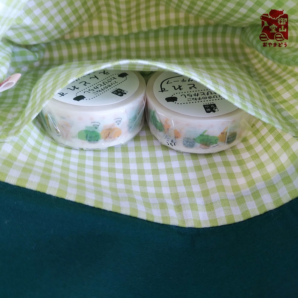 【マステ付き】猫ポーチ わさからもみじの手描きおしりポーチ わさび色(緑) フタ付きマチありタイプ