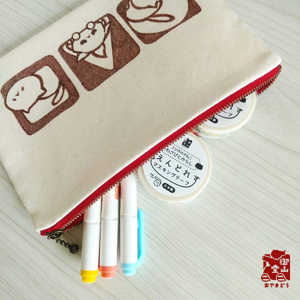 【マステ付き】猫ポーチ わさからもみじの手描きおしりポーチ もみじ色(赤) フラットタイプ