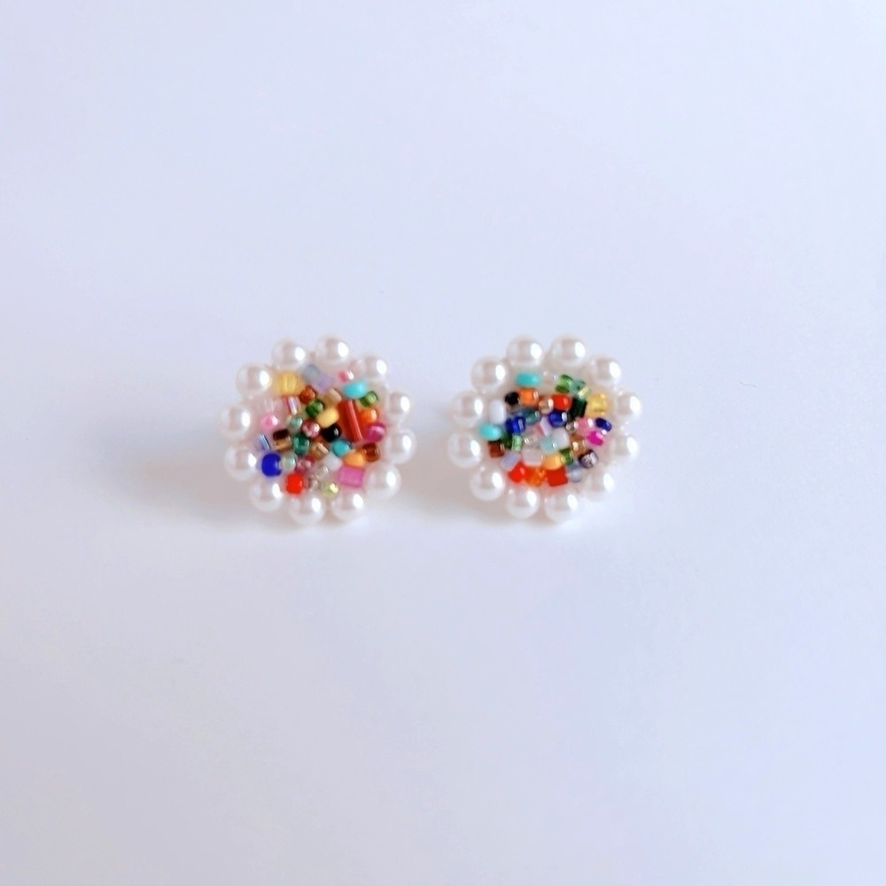 パールとビーズのまんまるレトロイヤリング◎