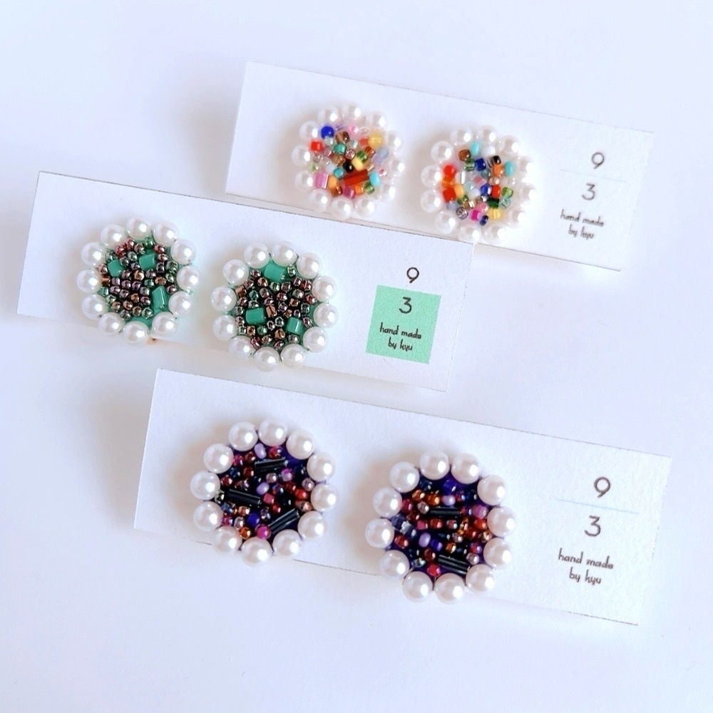 パールとビーズのまんまるレトロイヤリング◎