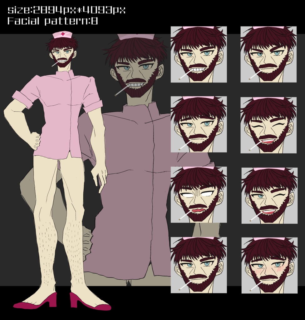 【フリー素材】ハリウッド冒険野郎おじさん《ナース服》立ち絵素材