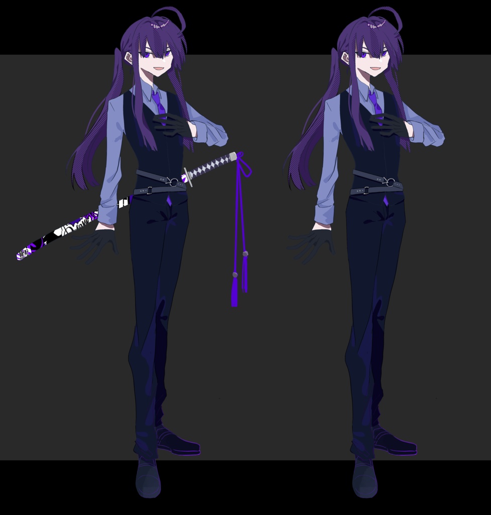 刀を携えた紫髪紫眼長髪スーツ青年【刀なし付き】 立ち絵素材