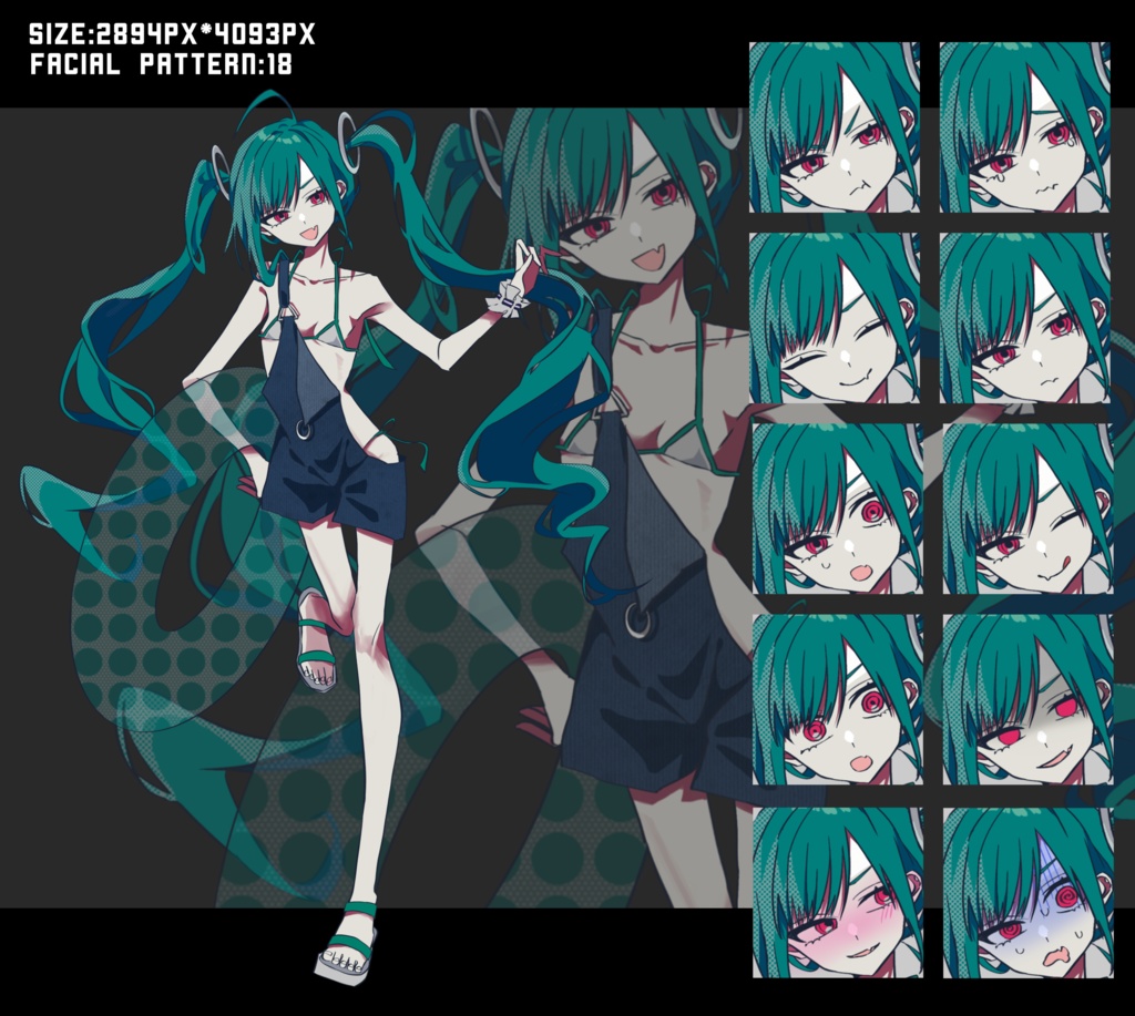 緑髪赤眼水着少女【オーバーオール付き】立ち絵素材