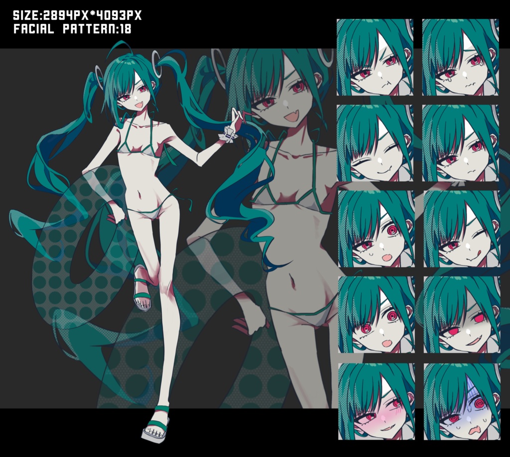 緑髪赤眼水着少女【オーバーオール付き】立ち絵素材