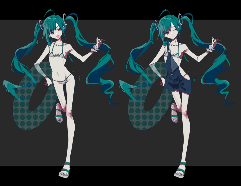 緑髪赤眼水着少女【オーバーオール付き】立ち絵素材