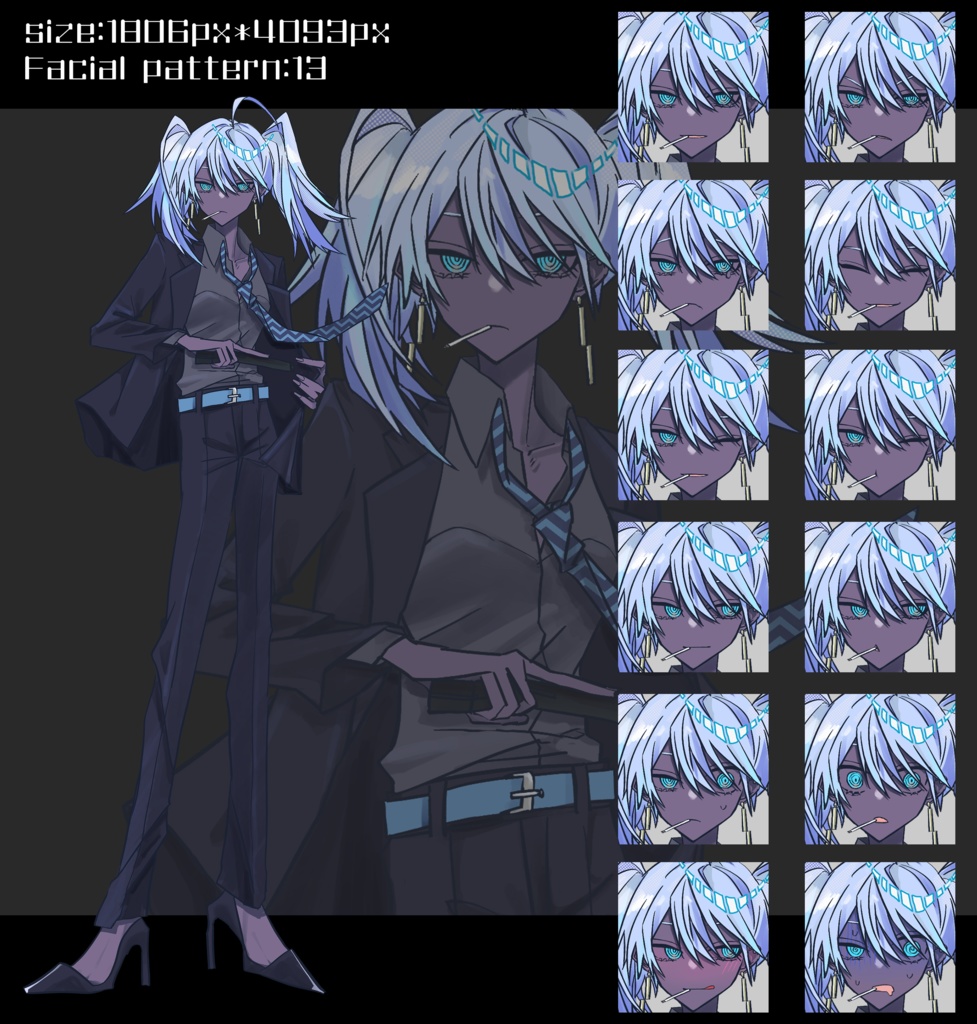 白髪水色眼ツインテスーツダウナー女性【褐色肌】【白い肌】 【眼鏡ありなし】立ち絵素材