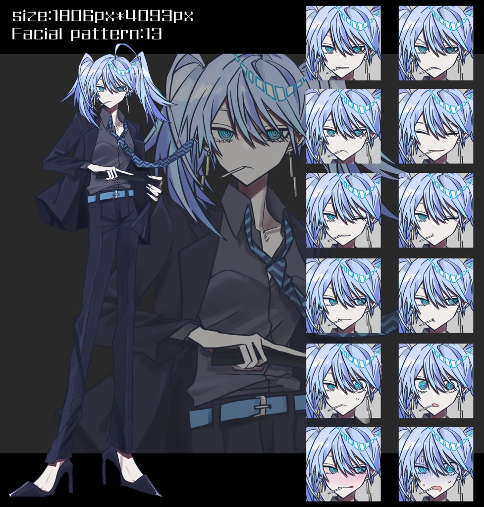 白髪水色眼ツインテスーツダウナー女性【褐色肌】【白い肌】 【眼鏡ありなし】立ち絵素材